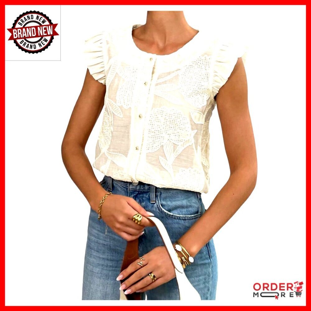 Women's Sleeveless Embroidered Blouse, Flower Button Up, Vintage Eyelet, Boho